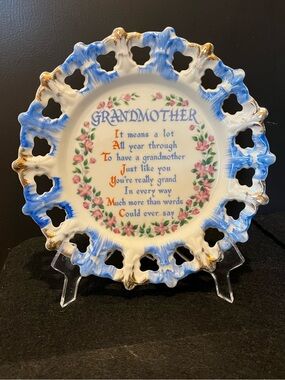 Vintage Decorative 'Grandmother' Porcelain Plate with Blue Rim and Gold Trim